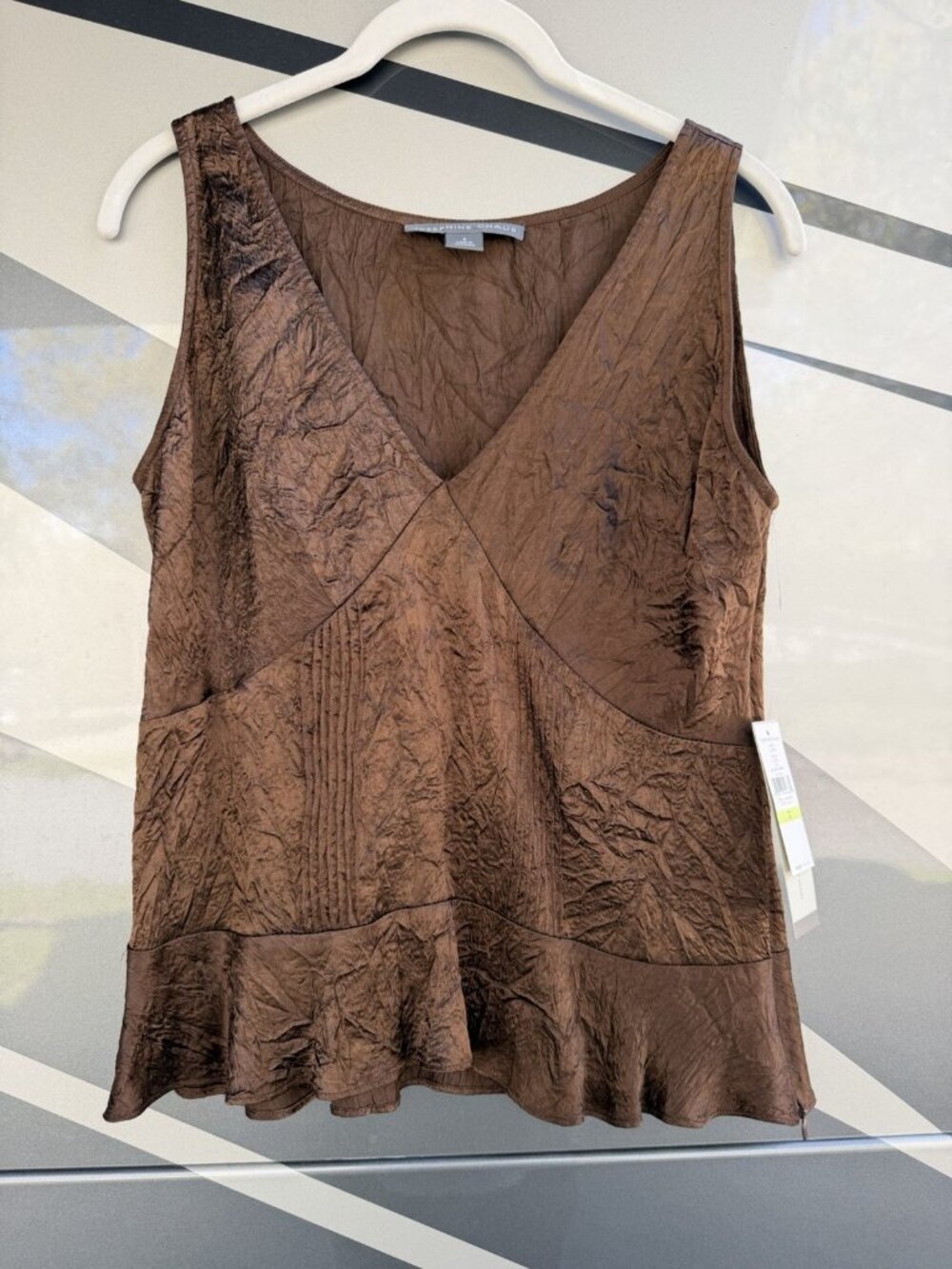New Vintage 90s Josephine Chaus chocolate brown babydoll crinkle top ruffle 4